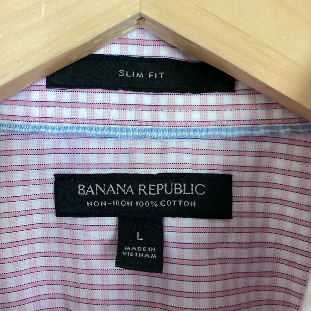 Banana Republic Mens Pink Plaid No Iron Cotton Button Up Shirt‎ Size Large Slim